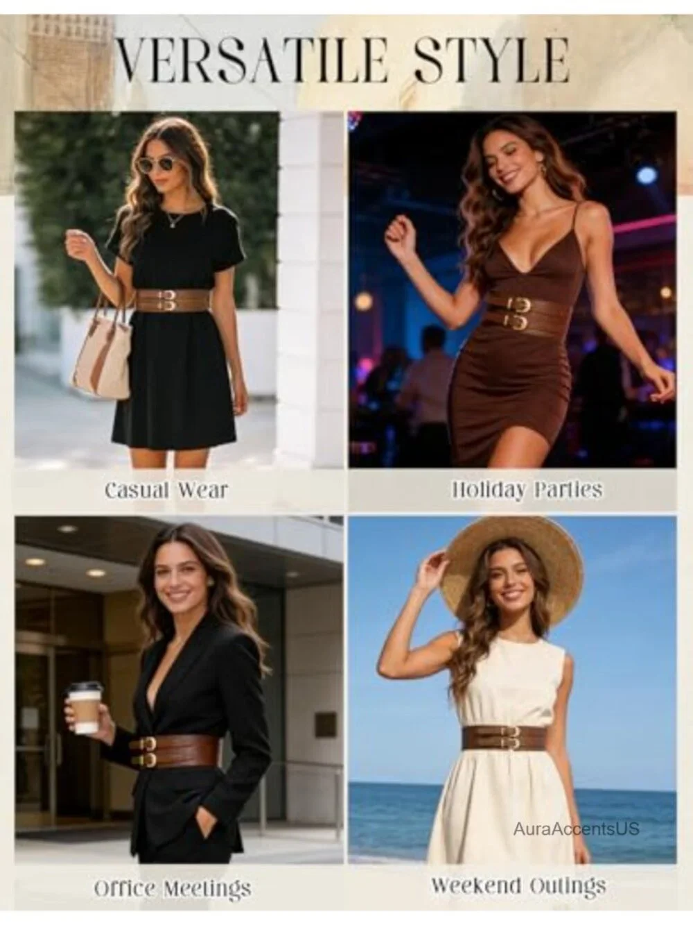 Wide Elastic Corset Belt with Double Gold Buckles - Faux Leather Stretchy Waist
